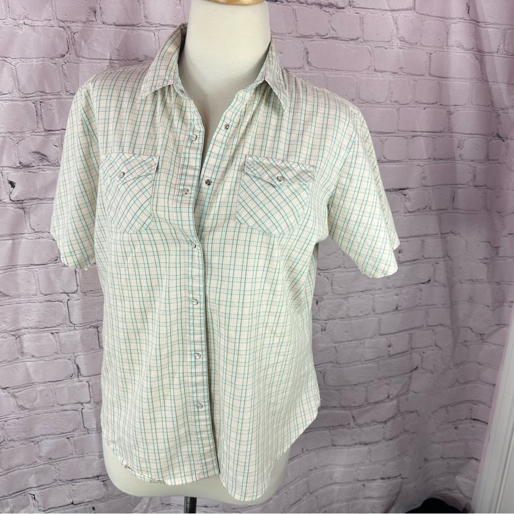 aura wrangler Plaid Short Sleeve pearl snap western Shirt cotton blend sz M